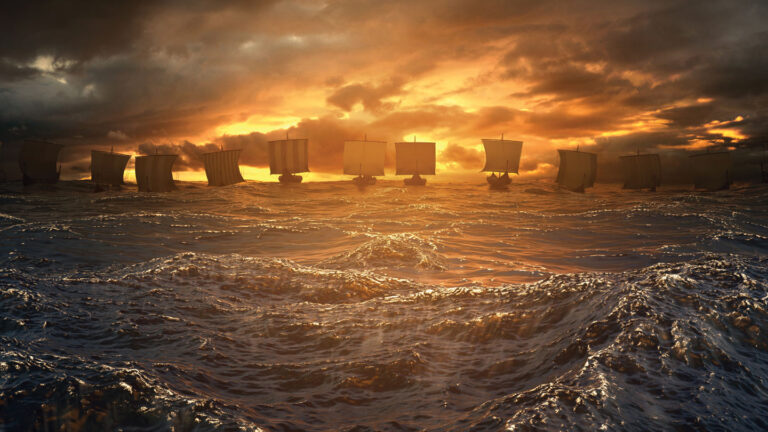 How an ancient solar flare illuminated the start of the Viking Age illustration showing a line of Viking ships on the ocean horizon