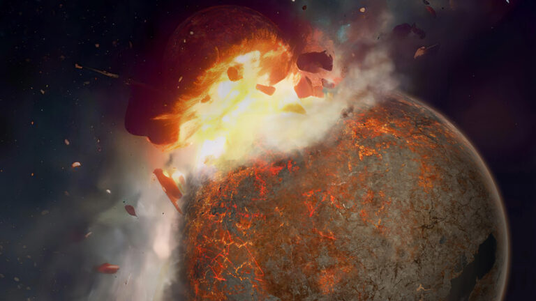 Rock from the impact that formed the moon may linger in Earth’s mantle An illustration of a large rock hitting what looks like a planet.