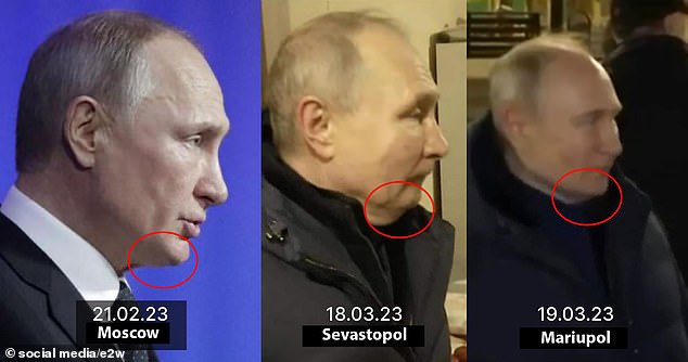 Putin DOES use body doubles and has ‘clean zone’ where staff have to quarantine before getting close to him, Russian investigation claims Vladimir Putin's chin pictured (left to right) on February 21, 2023 in Moscow during the address to the Federal Assembly; on 18 March 2023 during his visit to Sevastopol, and on 19 March 2023 on his visit to Mariupol. Kyiv official Anton Gerashchenko posted the images and questioned whether they belonged to the same man