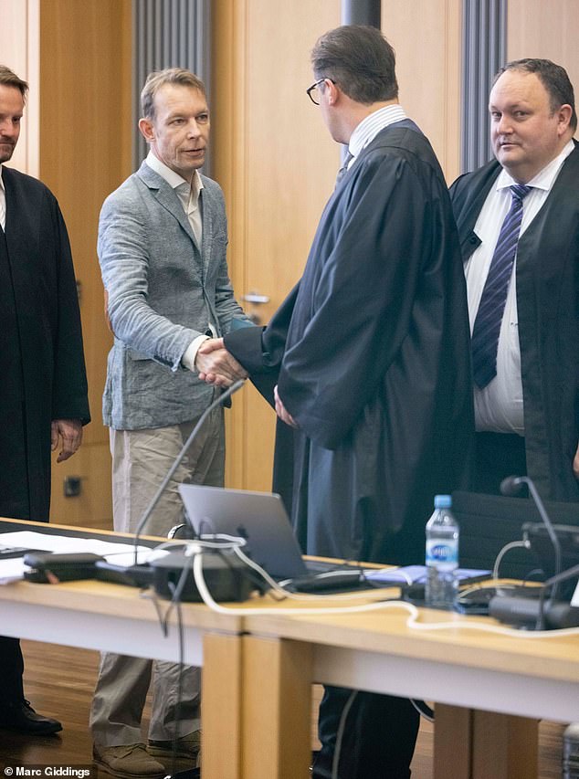 Madeleine McCann suspect Christian Brueckner WINKS at his lawyers in court as German judges hear harrowing details of sexual abuse allegations Wearing the same jacket as last week, a white shirt and khaki trousers Brueckner (left) shook hands with all legal team and winked at his own lawyers