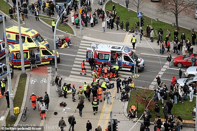Speeding car smashes into pedestrians crossing road in Poland, injuring at least 19 people including three children The scene of the incident. According to preliminary findings, the speeding car drove into the crowd of pedestrians in downtown Szczecin, northwestern Poland, before crashing into three other vehicles