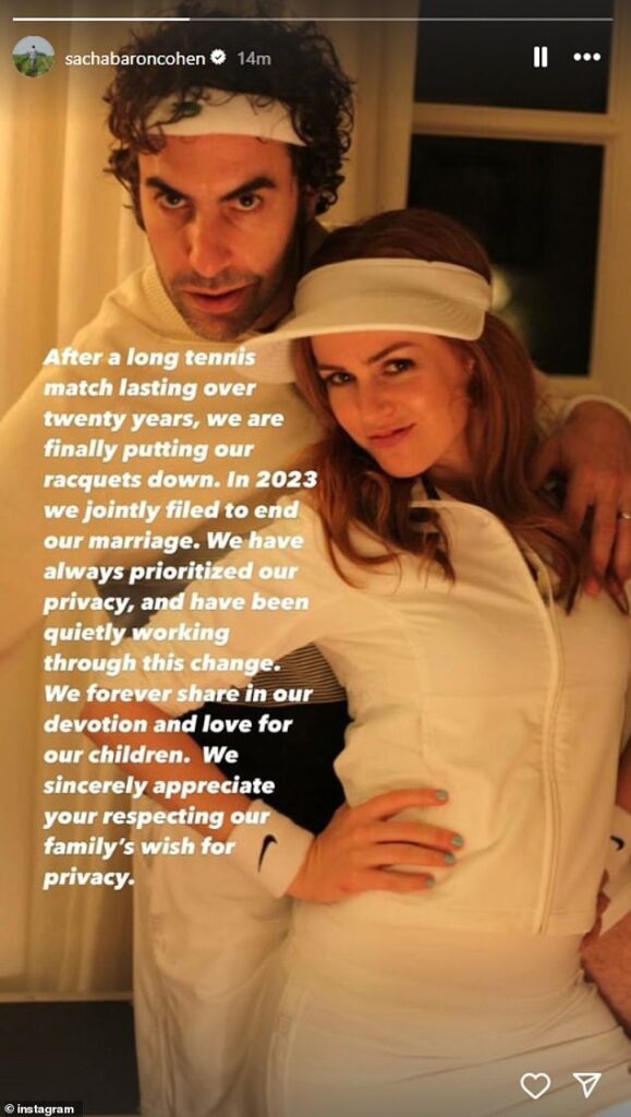 Inside Isla Fisher and Sacha Baron Cohen’s shock split: Couple’s 20-YEAR marriage crumbled after their move to Australia – as pair now battle it out over ‘difficult’ pre-nup while actress takes custody of their three kids Sacha Baron Cohen and Isla Fisher announced their split on Friday with simultaneous statements on Instagram