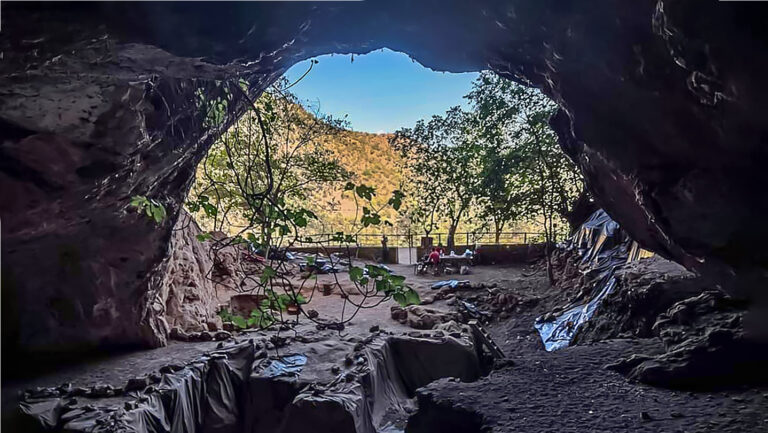 These Stone Age humans were more gatherer than hunter The view to the landscape from inside a cave in Morocco that archaeologists have been excavating. You can see trenches in the foreground and a few trees and a hillside with some vegetation beyond.