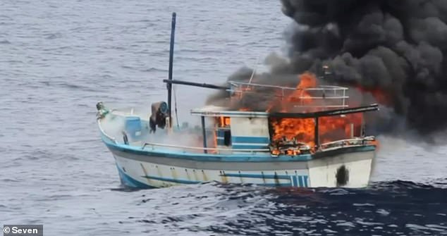 Border Force sends chilling warning to people smugglers by TORCHING dozens of illegal Indonesian boats Extraordinary footage shows several boats off the coast up in flames and engulfed in plumes of thick, grey smoke off the coasts of Queensland and the Kimberley