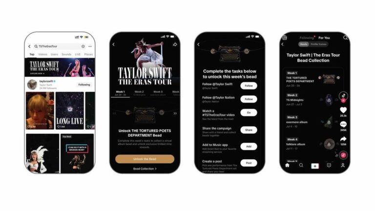 Taylor Swift Challenges Land on TikTok With Digital Collectibles Up for Grabs Four screenshots of TikTok's in-app Taylor Swift experience