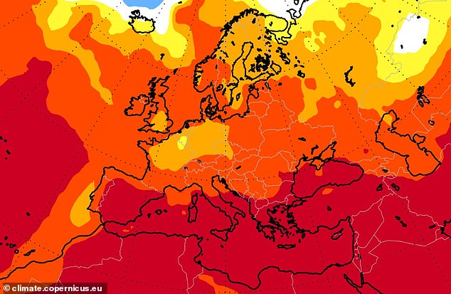 Two more tourists die in Greece with one found in a ravine a day after Cyprus heatwave left two people dead amid ‘history making’ 43C temperatures in southern Europe The Copernicus Climate Change Service's (C3S) seasonal forecast covering July, August and September predicts extreme and hotter-than-average temperatures in the Mediterranean (pictured: probability of the temperatures being in the highest percentiles of climatology for seasonal means, with an 'above-normal change of exceeding the 80th percentile)