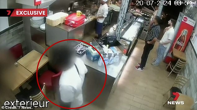Harrowing moment Paris ‘gang rapist’ pats his Australian tourist victim on the shoulder after she fled five attackers and begged for help from customers – just days before Olympics begins A woman, 25, sought refuge in a Paris kebab shop after being brutally raped by five men at around 5am. But just moments later, one of the woman's (blurred on the far left of image) alleged rapists (circled) approached her before 'patting her'