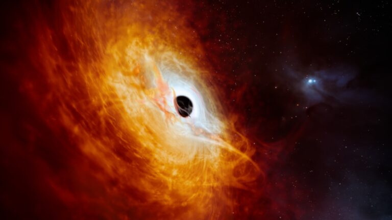 A distant quasar may be zapping all galaxies around itself An image of a ring of fire in outer space with a black orb in the center, shown on a diagonal from the side.