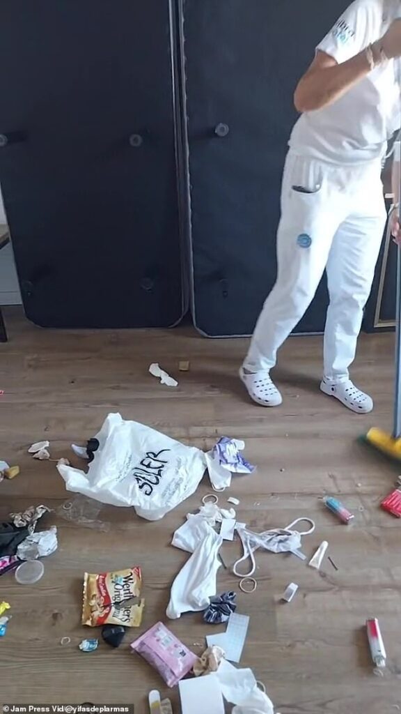 Furious Spanish cleaners film themselves cleaning up pigsty Ibiza hotel room littered with discarded vapes, tampons and takeaway boxes as viewers blame ‘normal British tourist behaviour’ Hairbands, underwear and discarded vapes can be seen among the trash as a cleaner works