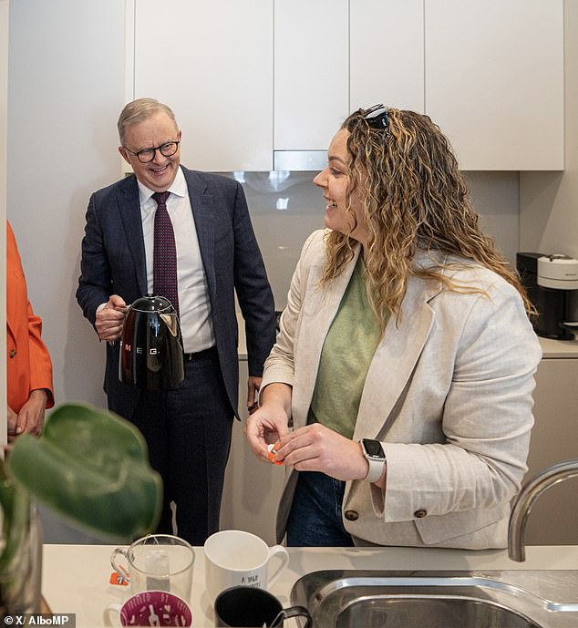 Bizarre moment Anthony Albanese and his CABINET cram into a young woman’s apartment to promote his ‘help to buy’ housing plan Anthony Albanese is pictured with Codie inside her new apartment, making tea