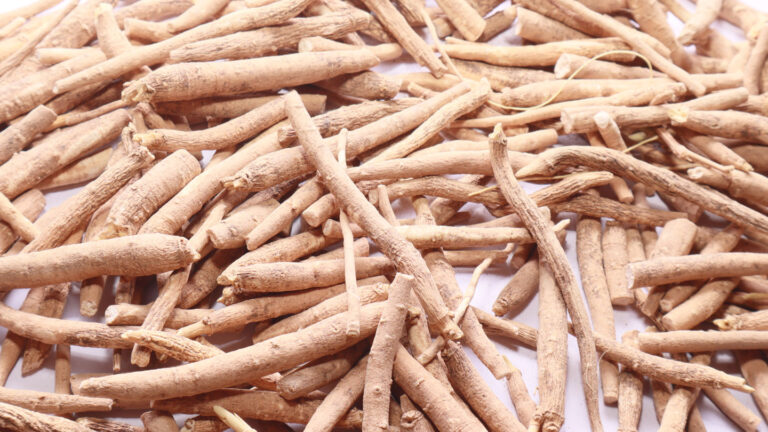 Can taking ashwagandha supplements improve health? A pile of light brown roots of the ashwagandha plant on a white background