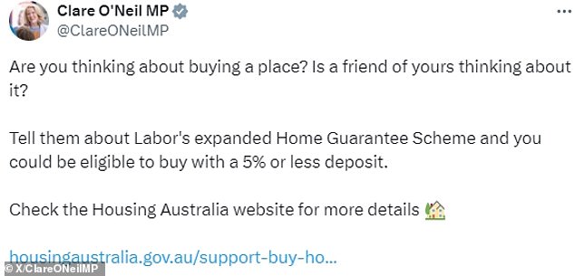 Clare O’Neil’s tone deaf ‘tell your friends’ social media post about buying a house sparks huge backlash Housing minister Clare O'Neil has been slammed over a social media post about Labor's housing scheme (pictured)