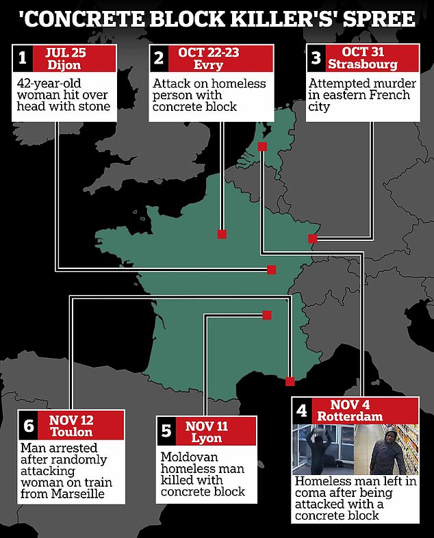 Migrant ‘killer’ who ‘bludgeoned man to death with a concrete block and carried out string of attacks across Europe’ is arrested in France ‘after ignoring deportation order and assaulting a woman on a train’ Migrant 'killer' who 'bludgeoned man to death with a concrete block and carried out string of attacks across Europe' is arrested in France 'after ignoring deportation order and assaulting a woman on a train'