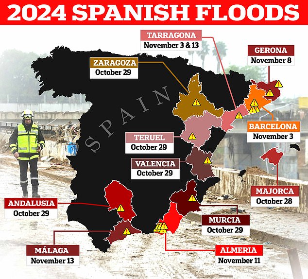 Spain’s deadly rain: Shocking moment streets turn to rivers after another huge storm hits the Costa del Sol – as graphic shows how coast has been battered by storms that have killed 220 Spain's deadly rain: Shocking moment streets turn to rivers after another huge storm hits the Costa del Sol - as graphic shows how coast has been battered by storms that have killed 220