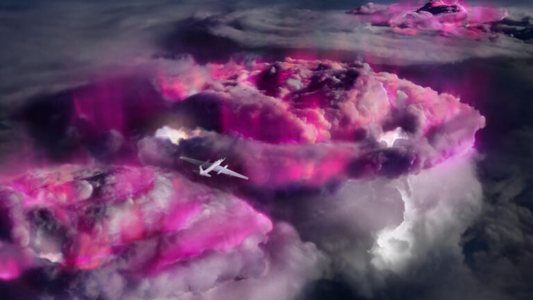 Thunderstorms churn up a ‘boiling pot’ of high-energy gamma rays A plane flies over the tops of thunderclouds that are glowing purple.