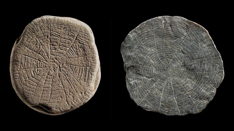 Ancient, engraved stones may have been buried to summon the sun Two stone disks engraved with circles and lines against a black background.
