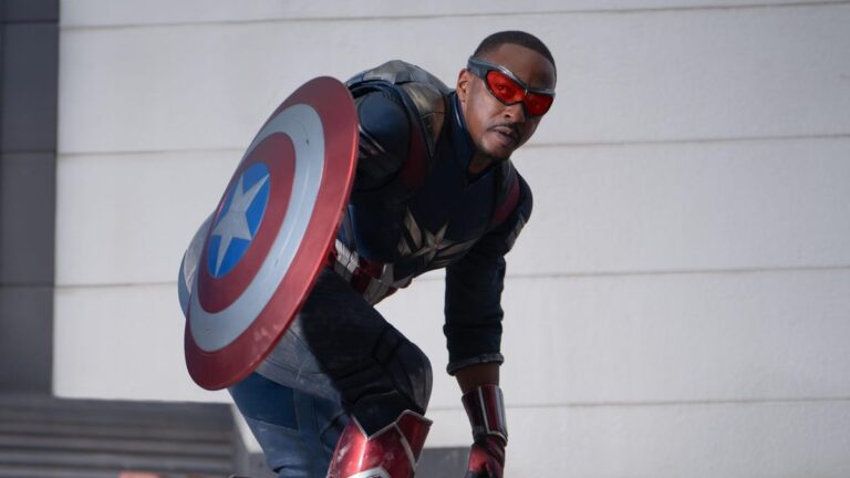 anthony mackie dressed as Captain America and holding shield