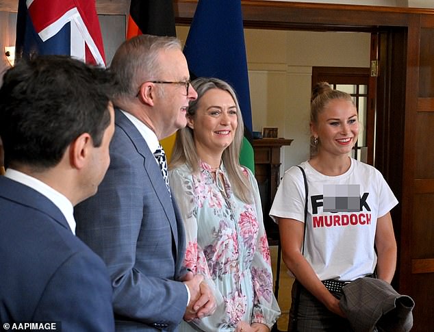 Grace Tame loses it at Anthony Albanese after he called her out for wearing a ‘disrespectful’ shirt to Australia Day – as she reveals what really happened behind the scenes Grace Tame wore the 'F*** Murdoch' T-shirt to an event on the eve of Australia Day to 'speak truth to power'. L-R: Prime Minister Anthony Albanese, his fiancee Jodie Haydon and Ms Tame