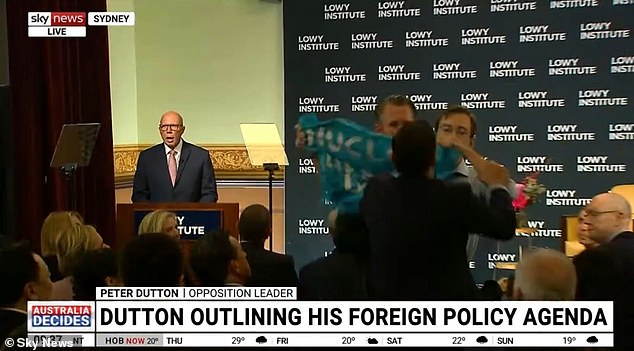 Dramatic moment Peter Dutton’s major speech is derailed by protesters opposed to the Coalition’s controversial policy The angry audience member leapt out of his seat (pictured) to protest the Coalition's pro-nuclear power policy as Peter Dutton gave a major pre-election speech