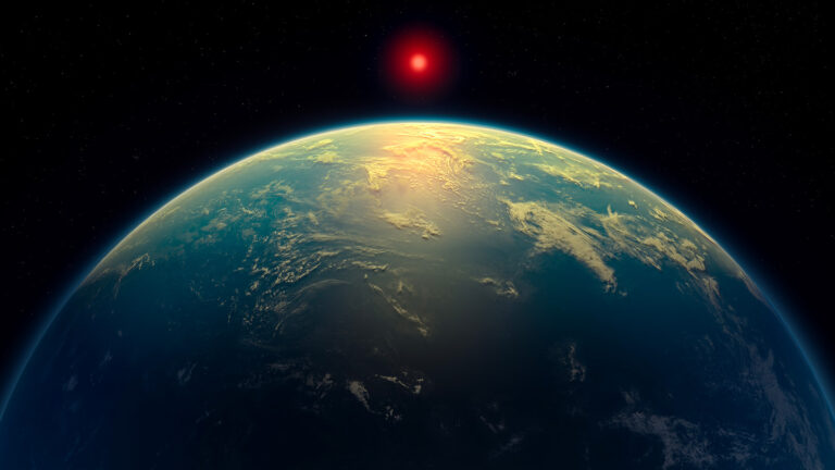 A claimed hint of alien life whips up spirited debate A view of a blue planet from space, with sunlight illuminating its atmosphere and clouds, and a glowing red star visible in the distance against a backdrop of stars.