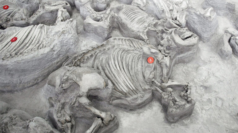 A fossilized ancient rhino lays embedded in the ground at the Ashfall research site, surrounded by other fossils