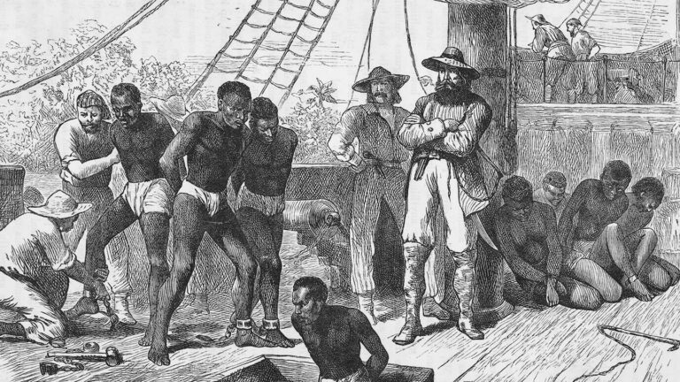 A map of Africa’s strontium sheds light on the origins of enslaved people A wood engraving depicts several Black men on the deck of a ship, bound at the wrists and ankles, as several white men look on.