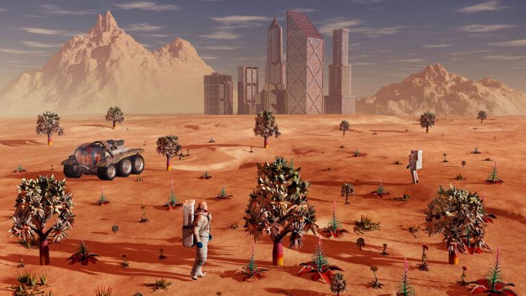 Here’s how future Mars residents might breathe freely An illustration shows a vehicle driving along Mars' surface. Trees grow in the forefront as a city looms in the background.