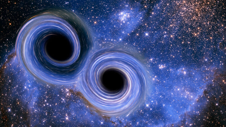 The biggest black hole smashup ever detected challenges physics theories An image of space with two black holes on top warping the background image