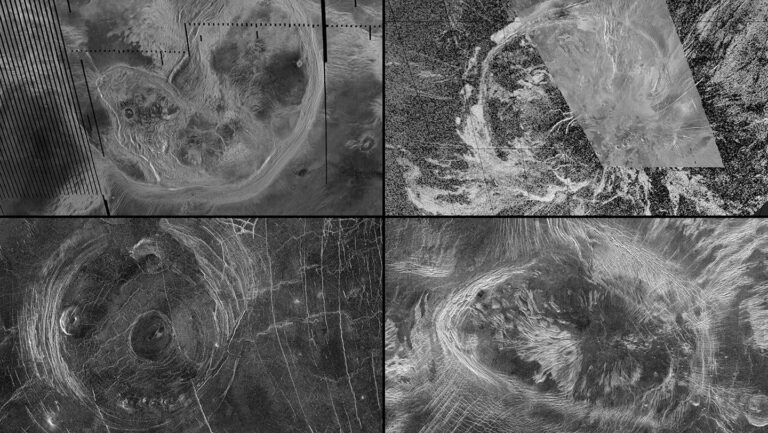 The surface of Venus is morphing Four aerial images of Venus' surface, in black and white.