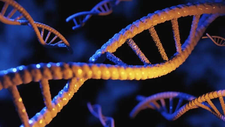 AI can now write working genetic instruction books from scratch an illustration of DNA double helixes against a blue background