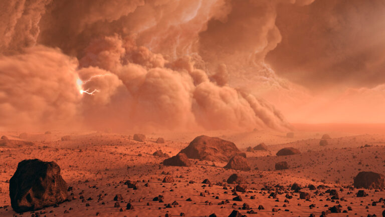 Listen to the crackle of Martian ‘mini-lightning’ A dust storm front rolls toward the right across a reddish, rocky landscape. An electrical arc is shown in the dust front.